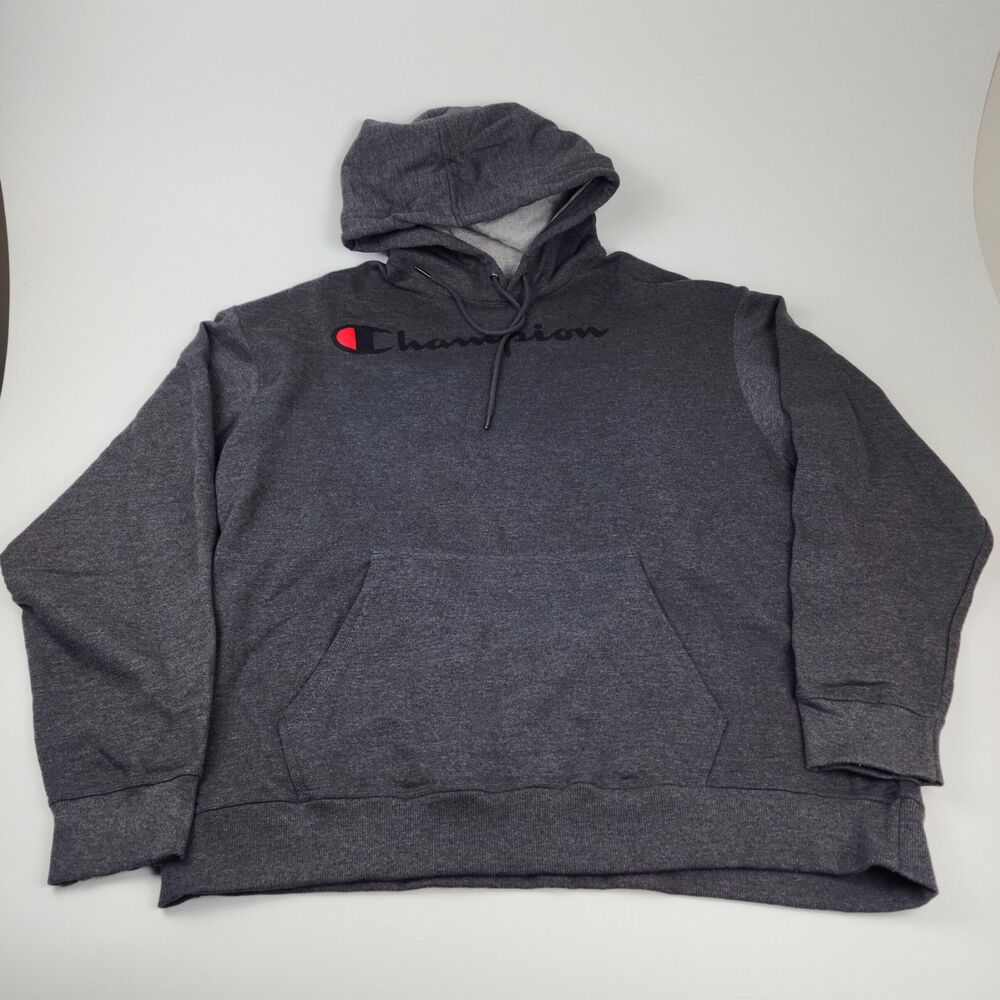 Champion Hoodie Men’s 2XL Charcoal Gray Script Logo Pullover Sweatshirt